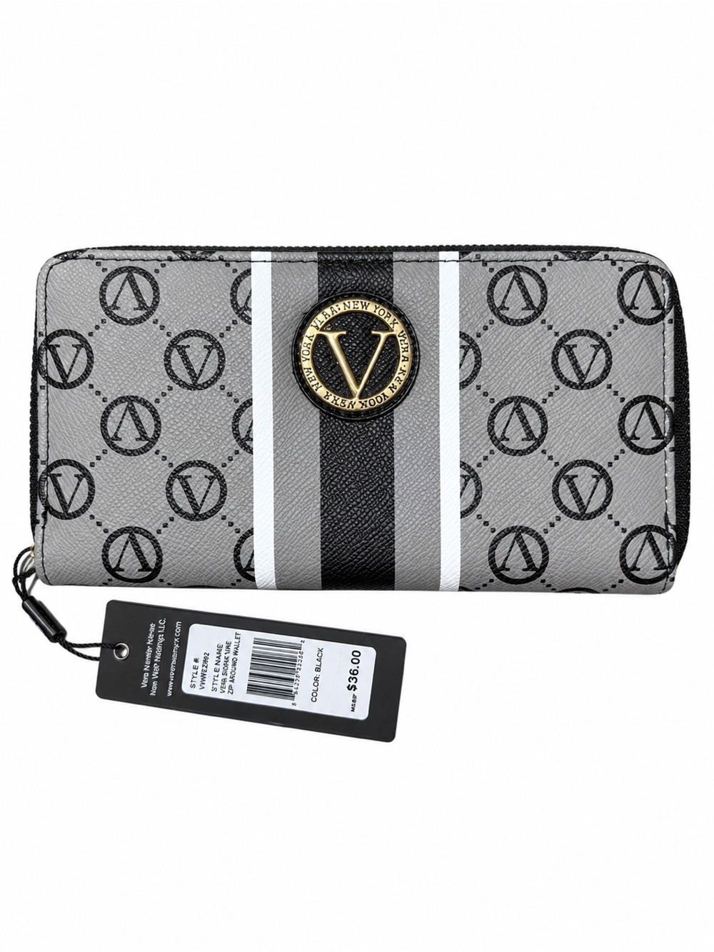 Vera New York NWT Gray Black Monogram Signature Zip Around Wallet